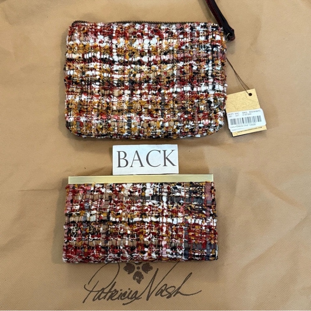Patricia Nash boucle tweed burgundy black cream khaki bag wallet pouch set - Picture 10 of 16